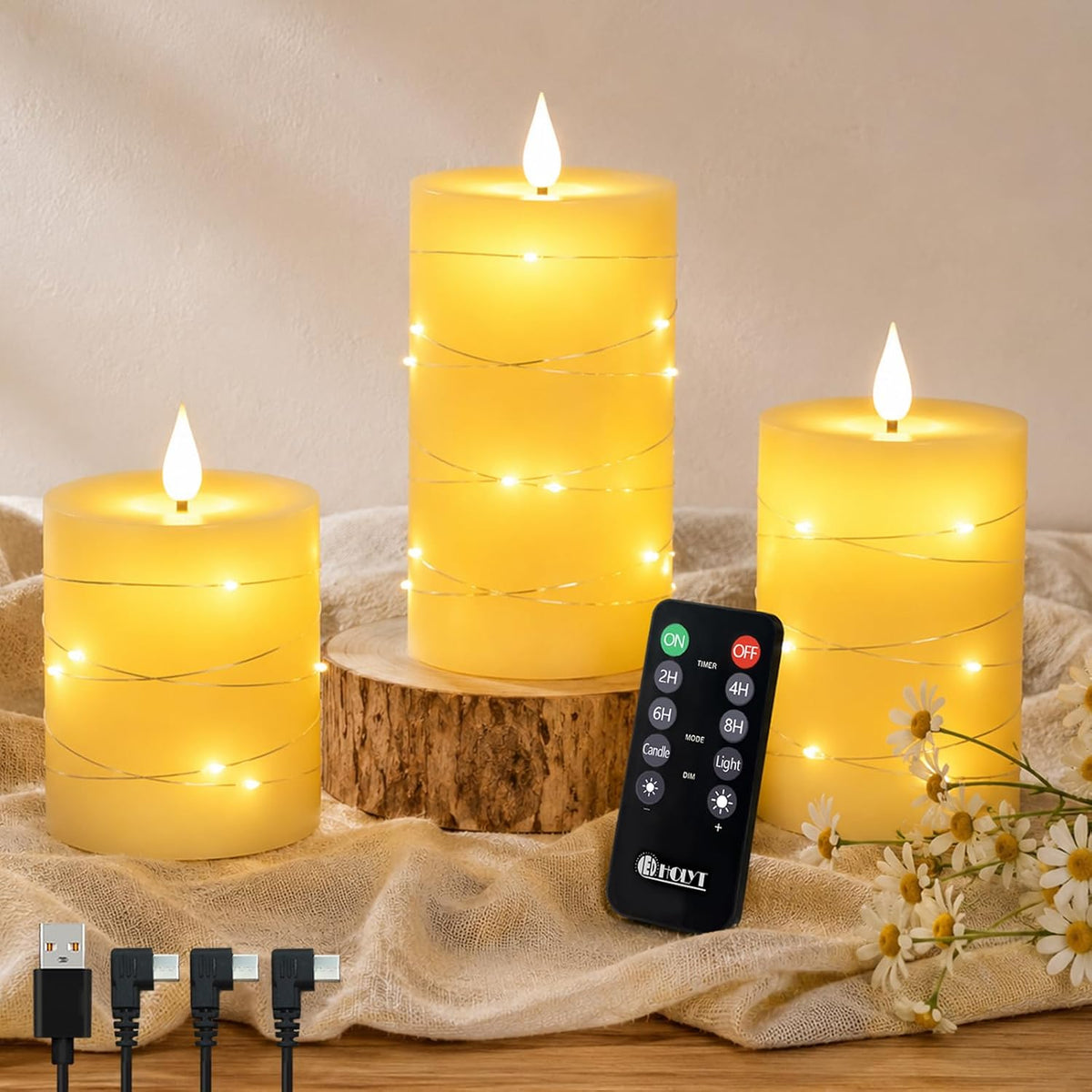 Rechargeable Flameless Candles, Embedded Star String Flickering Real Wax Flameless Candles for Romantic Ambiance and Festival Home Decoration with Remote & Timer