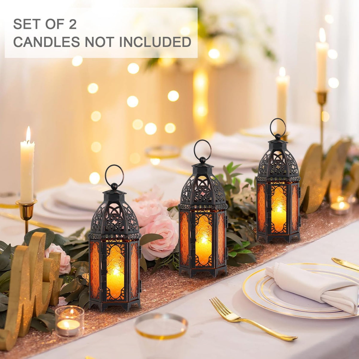 Set of 2 Moroccan Lanterns Decorative Indoor & Outdoor, 11’’ Medium Size Vintage Metal Hanging&Tabletop Candle Holder Decor, Halloween Christmas Ramadan Decorations for Home (Amber)