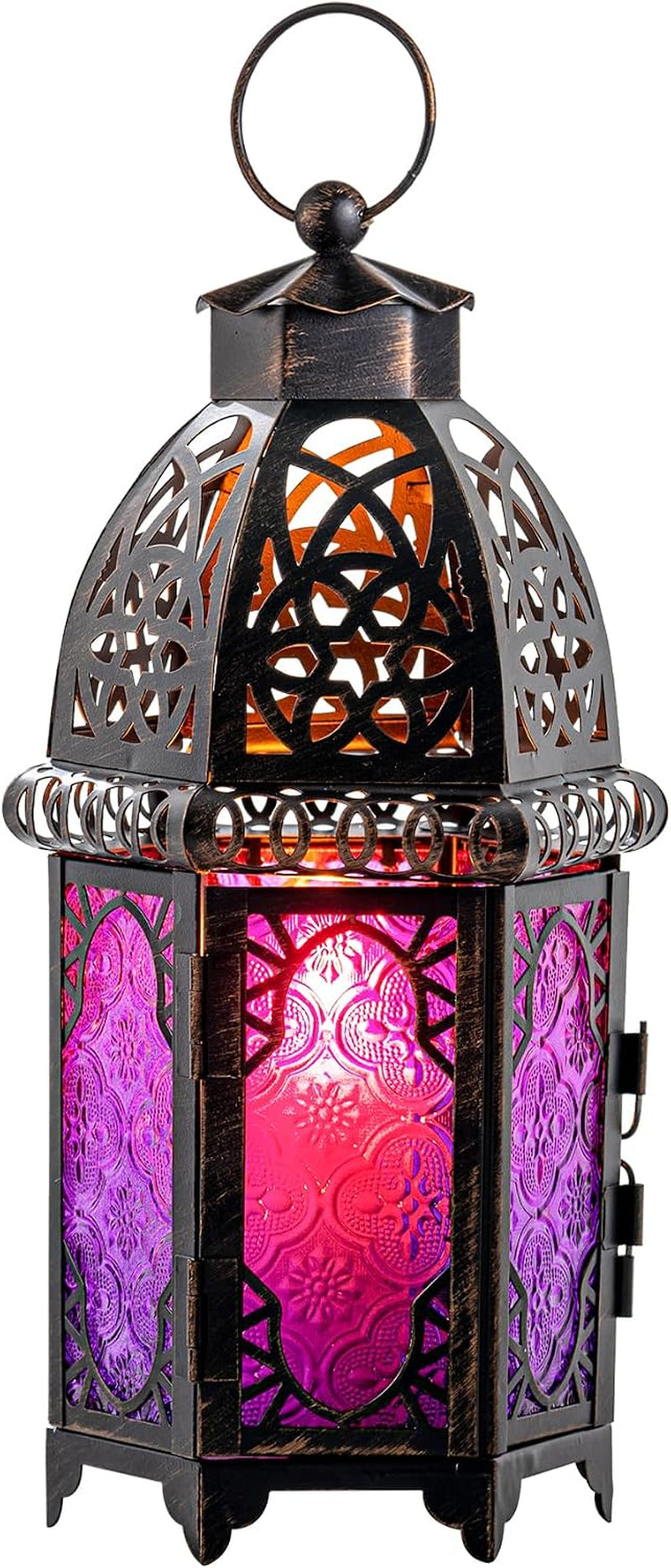 Halloween Decorations Indoor, Purple Decorative Candle Lantern for Moroccan Light Decor, 12.8’’ Vintage Metal Hanging&Tabletop Lantern, Ramadan Lantern for Home Outdoor Patio(Purple)