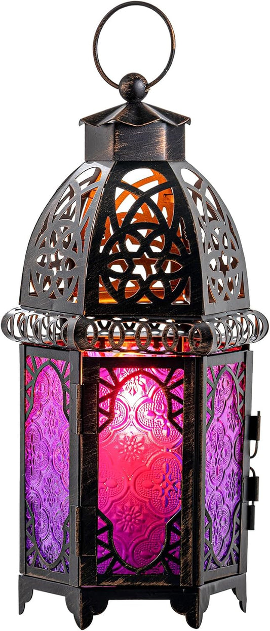Halloween Decorations Indoor, Purple Decorative Candle Lantern for Moroccan Light Decor, 12.8’’ Vintage Metal Hanging&Tabletop Lantern, Ramadan Lantern for Home Outdoor Patio(Purple)