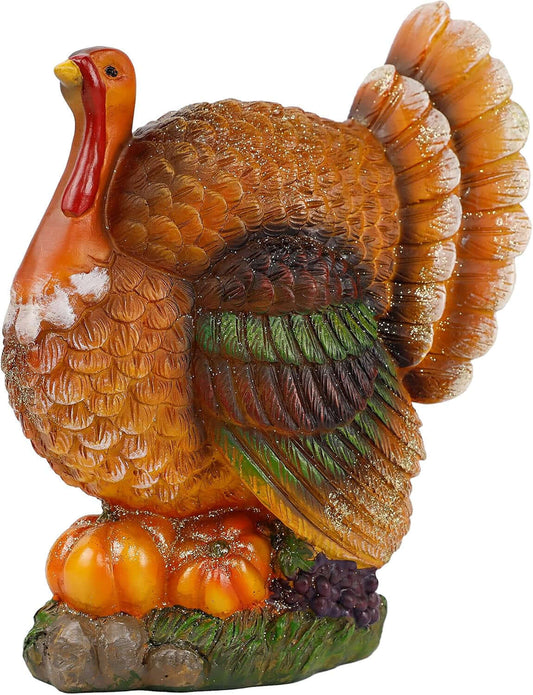 Thanksgiving Resin Turkey Table Decorations, 9.5" Tall | with Pumpkin, Hand-Painted, Fall Turkey Figurine Centerpieces for Tables, Home Kitchen Office Harvest Decor