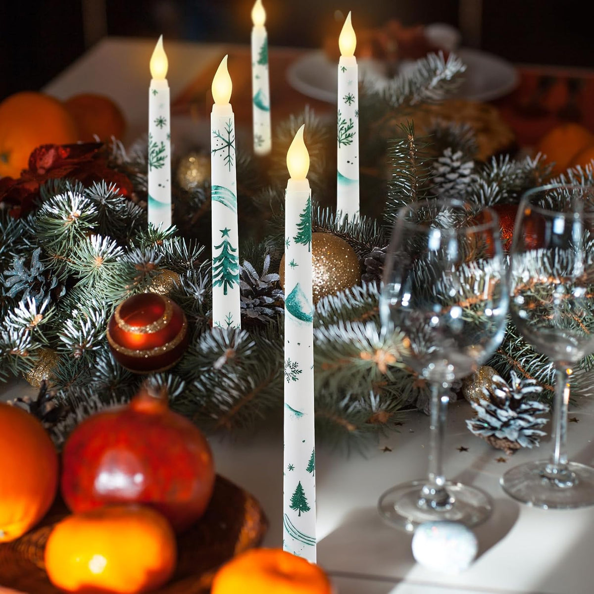 Christmas Trees Flameless Taper Candles 11 Inch Long Forest Battery Operated LED Candles Table Centerpiece for Xmas Winter Holiday Party Decoration