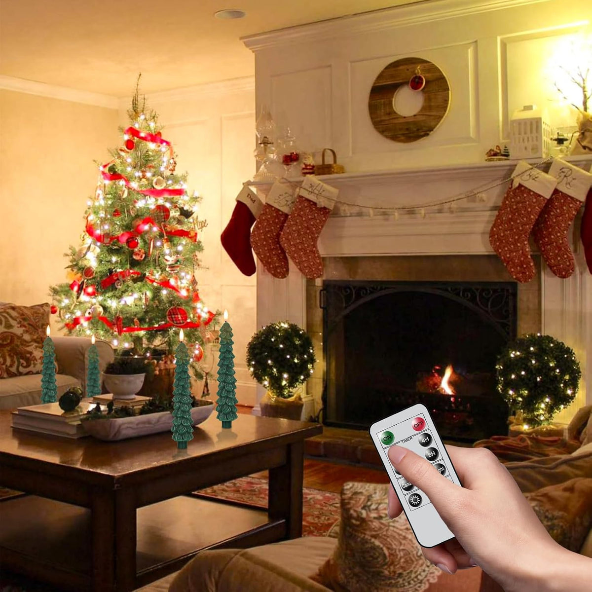 Christmas Tree Flameless Taper Candles Candlesticks Remote Timer | Green, Christmas Tree Candlesticks, Battery Operated Led Candle, Christmas Home Winter Decoration, 4 Pack, 0.78” X 9.8”