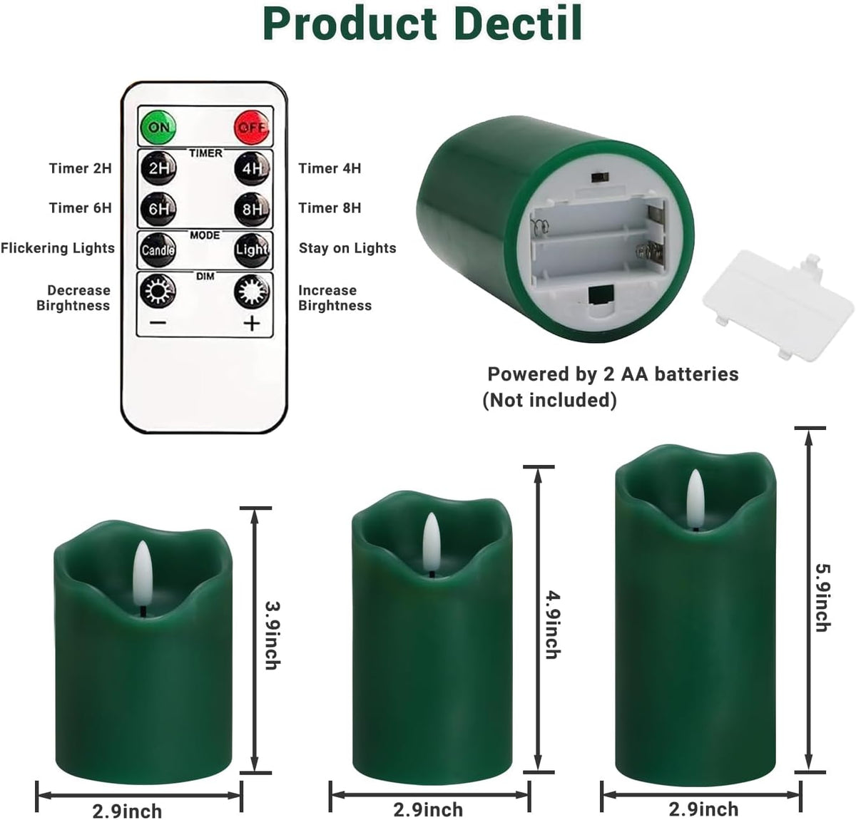 Flickering Flameless Candles, Set of 3 Green LED Candle Light with Remote & Timer, Battery Operated Electric Pillar Candle by Real Wax Dimmable Fake Candles for Home Falll Halloween Decor (Green)