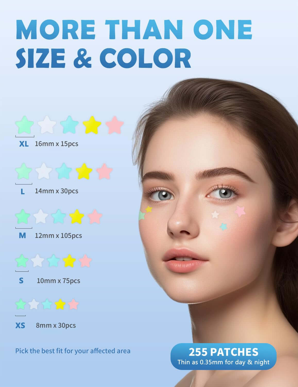 Pimple Patches for Face, Star Hydrocolloid Acne Patches Professional 255 Ct. 5 Colors & 5 Sizes(8/10/12/14/16Mm) Suit Various Blemish, Cute Spot Stickers Invisible Zit Absorbing, Tea Tree