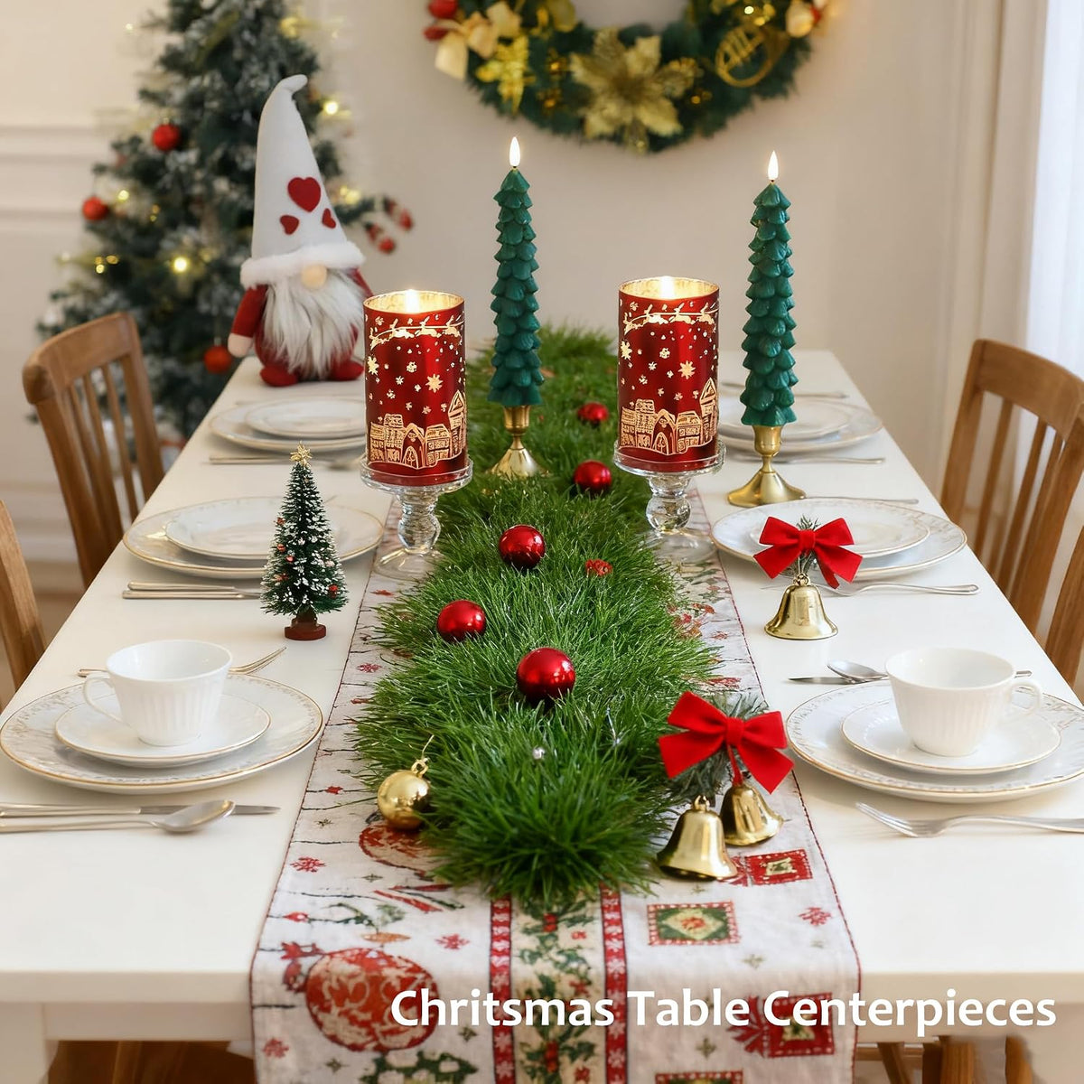 Chritsmas Flameless Candles, Battery Operated Christmas Candles, Real Wax Glass Flickering LED Candles, Tree Candlestick for Home Christmas Decor, Remote Timer