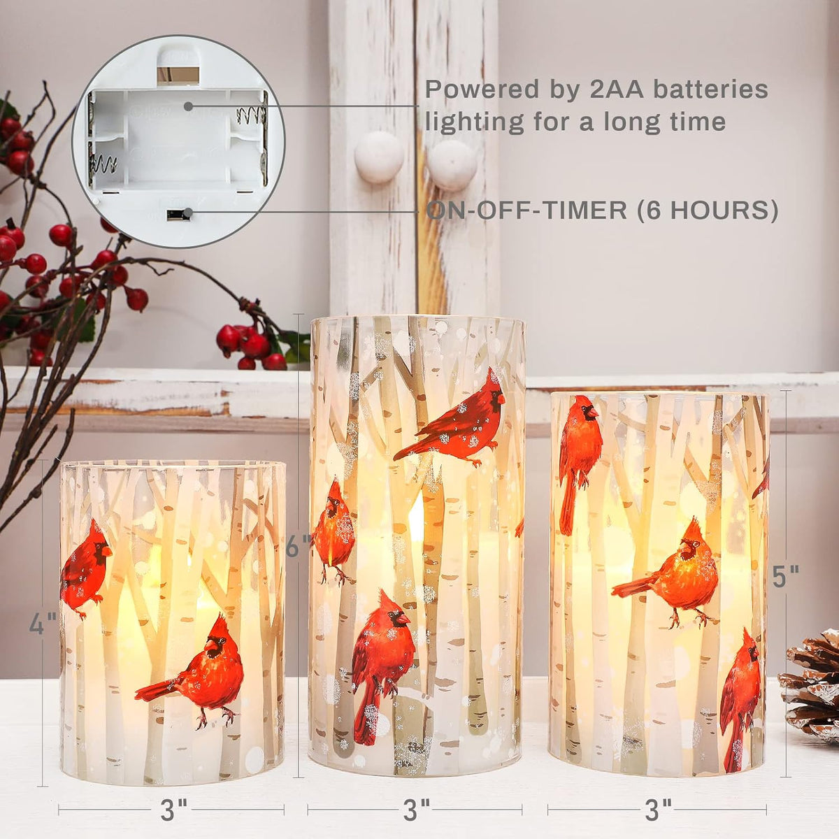 Christmas Flameless Candles with Remote, Cardinal Theme | Battery Operated LED Candles with Timer, Real Wax & Glass Effect Candle for Christmas Home Festival Décor, Set of 3