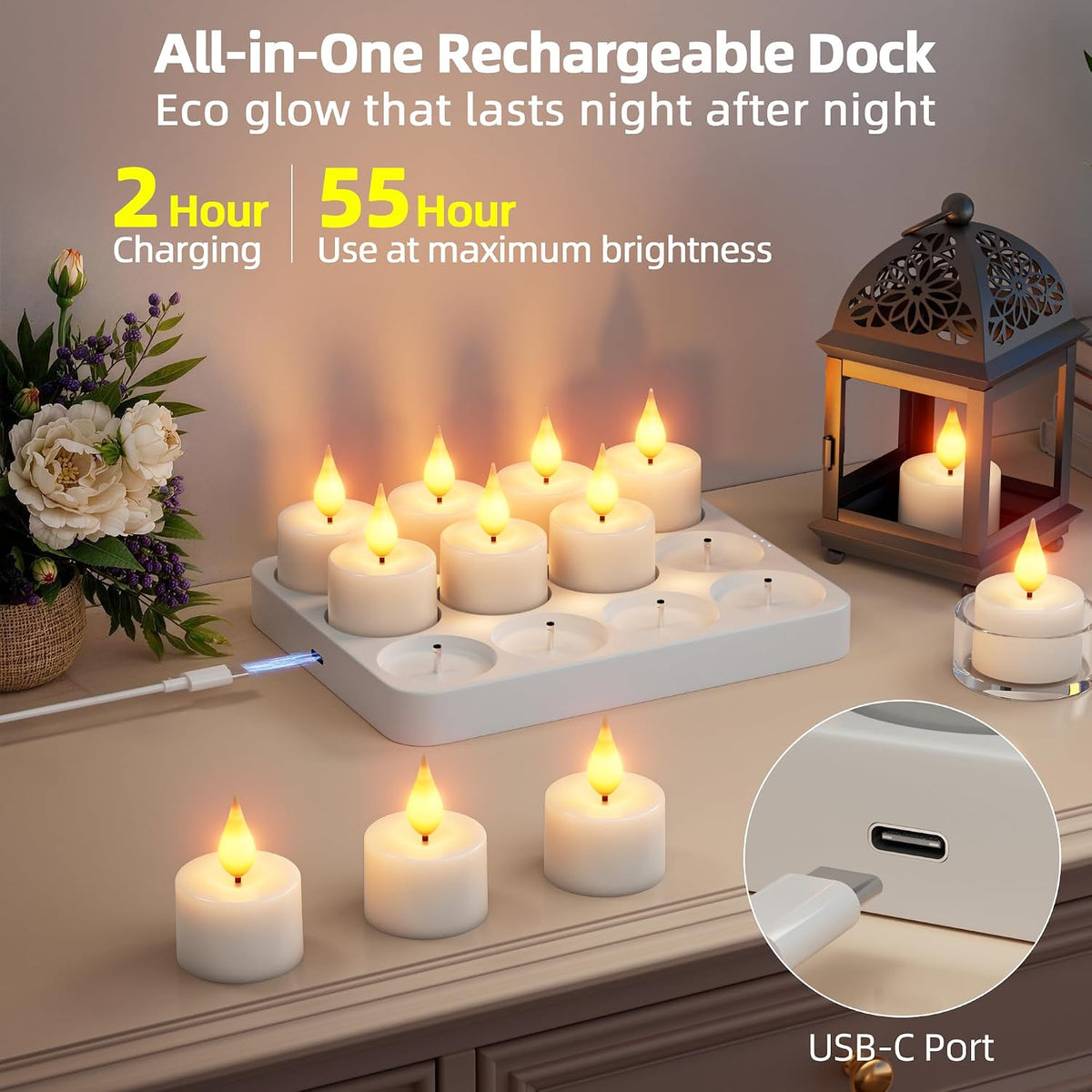 Rechargeable Flameless Tea Lights Candles with Remote Charging Base 12Pcs | Battery Operated Tea Light with Timer, LED Flickering, Votive Tealight for Christmas Halloween Wedding Decor
