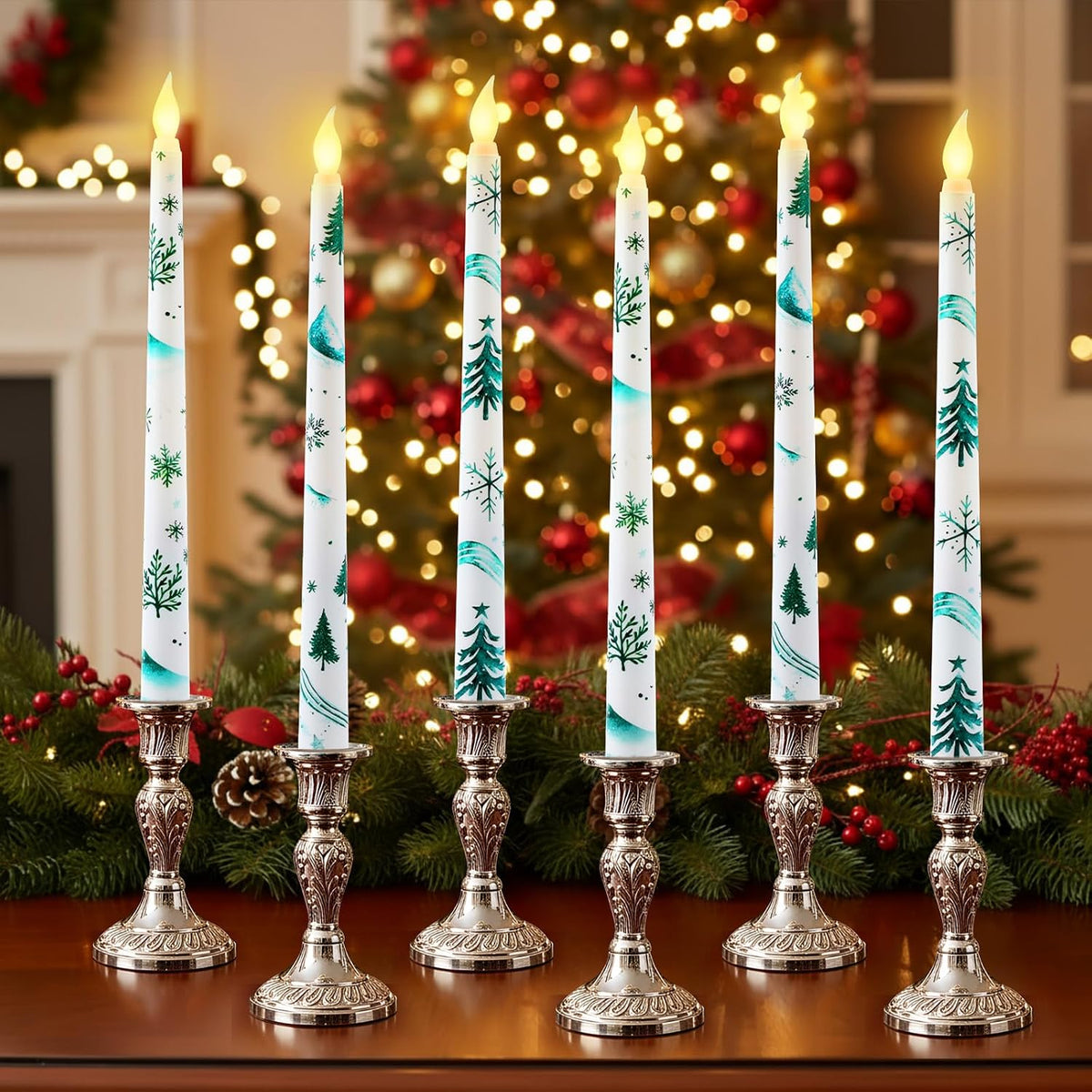 Christmas Trees Flameless Taper Candles 11 Inch Long Forest Battery Operated LED Candles Table Centerpiece for Xmas Winter Holiday Party Decoration