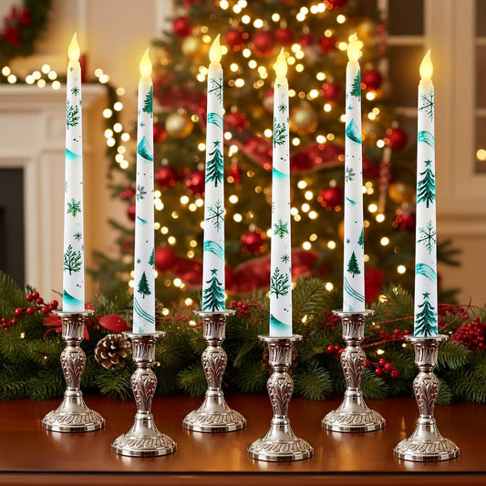 Christmas Trees Flameless Taper Candles 11 Inch Long Forest Battery Operated LED Candles Table Centerpiece for Xmas Winter Holiday Party Decoration