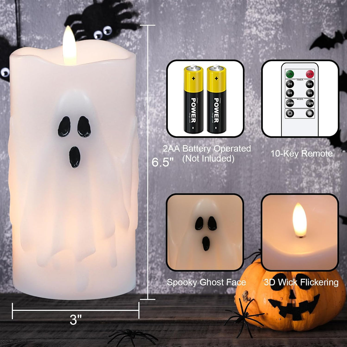 Halloween Ghost Flameless LED Pillar Candles with Remote Timer | Realistic 3D Wick Flickering, Real Wax Ghost Relief Long Lasting, Cute Spooky Halloween Indoor Decor, 3"D X 6.5"H, 2 Pack