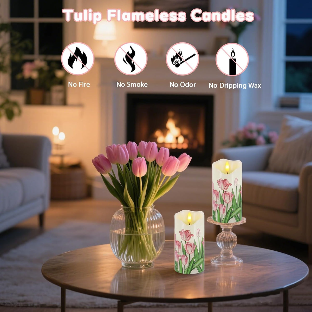 Tulip Flameless Candles Set of 2, 6"X3" Spring Candles with Remote & Timer | Flickering Real Wax Pillar Candles Battery Operated, Dimmable Electric LED Candles Light for Mother'S Day Spring Easter Decor
