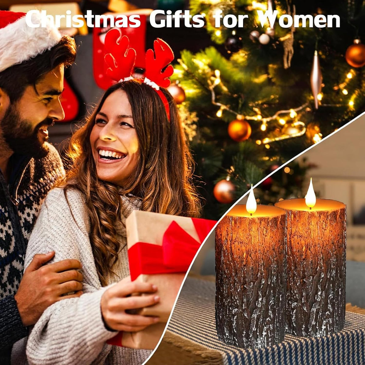 Pine Bark Flameless Candles Set of 2, Christmas Candles with Remote & Timer | 6"X3" Flickering Real Wax Pillar Candles Battery Operated, Electric LED Candles Light for Rustic Home Christmas Decor