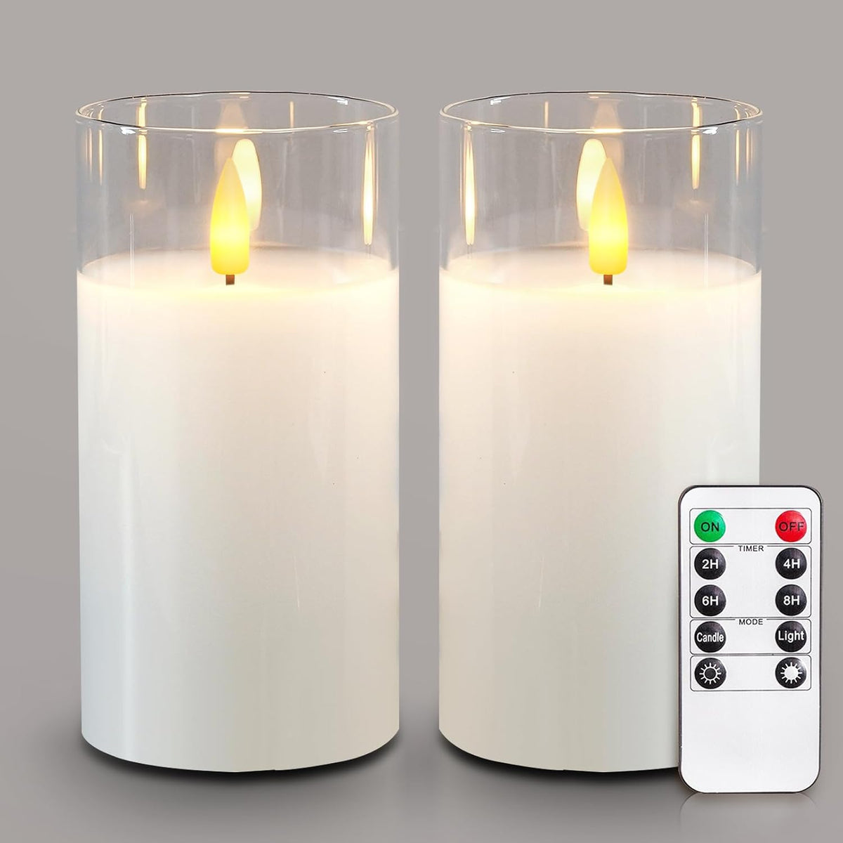 Clear Glass Flameless Candles, 3D Wick Real Wax LED Pillar Set of 2 | Remote Timer Control with Warm Flickering Glow, Pure White Led Pillar Candles Create Cozy Decor for Wedding, Christmas & Home