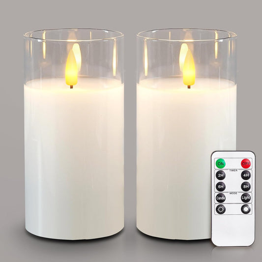 Clear Glass Flameless Candles, 3D Wick Real Wax LED Pillar Set of 2 | Remote Timer Control with Warm Flickering Glow, Pure White Led Pillar Candles Create Cozy Decor for Wedding, Christmas & Home