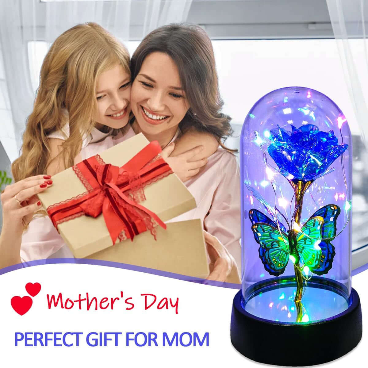 Glass Rose in Glass Dome, Light up Led Flower, Blue Butterfly Gifts | Glass Rose, Forever Roses, Light up Flowers, Valentines Day Gifts, Mothers Day Rose Gift for Mom, Women Birthday Gifts