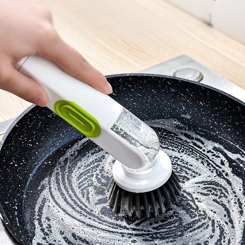 Long-Handle Dish Cleaning Brush with Liquid Dispenser – Multi-Functional Washing Up Brush with 2 Replacement Heads
