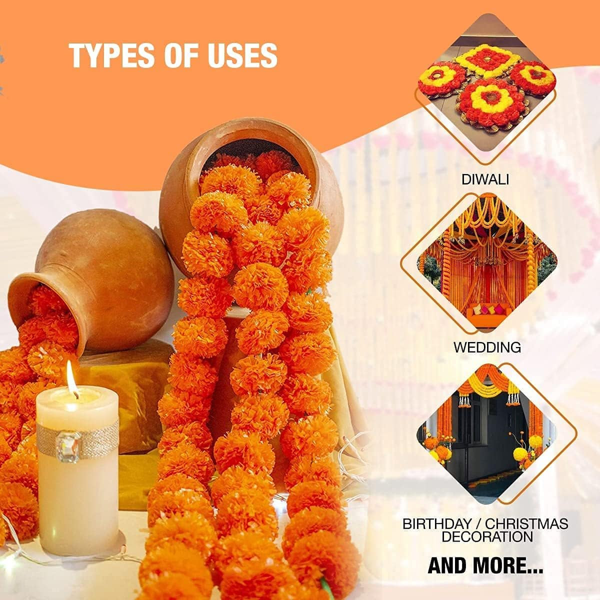 5 PC - 5 Feet Marigold Garland |Indian/American Wedding Party Mantle Decoration, Faux Garlands Wedding Garland, Diwali Decoration, Spring Bush Floral! (Yellow & Dark Orange)
