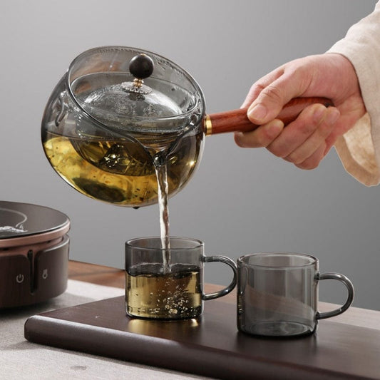 Semi-Automatic Rotary Glass Teapot with Infuser & Wooden Handle – Heat-Resistant Lazy Tea Maker