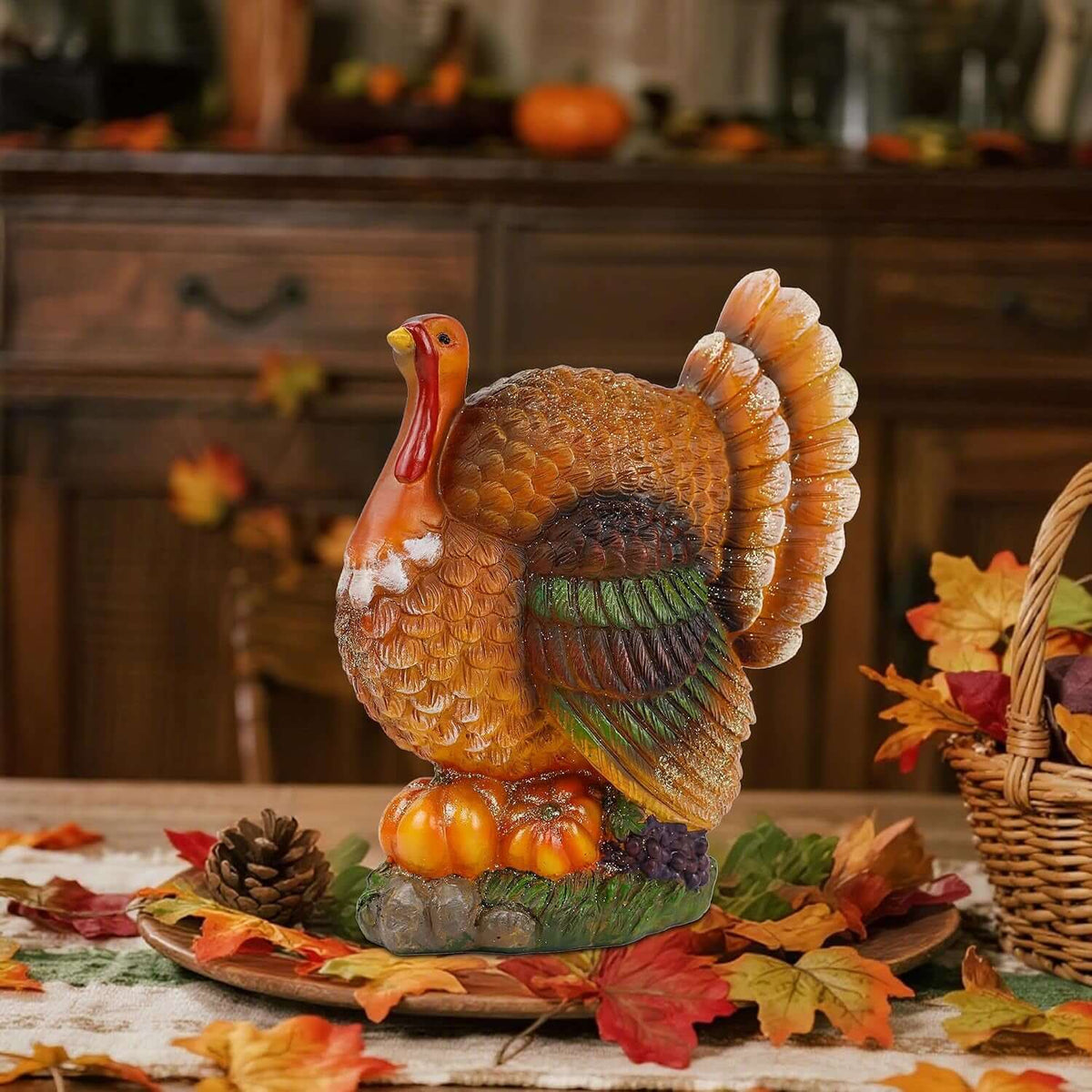 Thanksgiving Resin Turkey Table Decorations, 9.5" Tall | with Pumpkin, Hand-Painted, Fall Turkey Figurine Centerpieces for Tables, Home Kitchen Office Harvest Decor