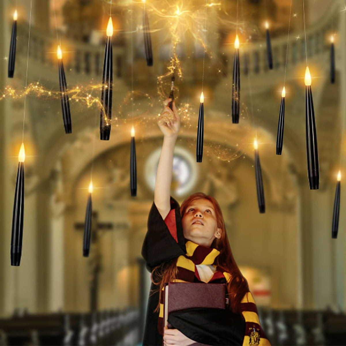 Floating Candles with Wand, Halloween Magic Flameless Candles | 10 Pack Magic Hanging Candles, Black Flameless Taper Candles with Wand Remote, Halloween Battery Candlesticks
