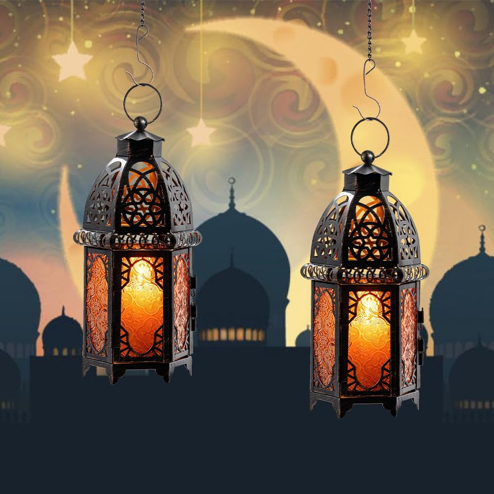 Set of 2 Moroccan Lanterns Decorative Indoor & Outdoor, 11’’ Medium Size Vintage Metal Hanging&Tabletop Candle Holder Decor, Halloween Christmas Ramadan Decorations for Home (Amber)