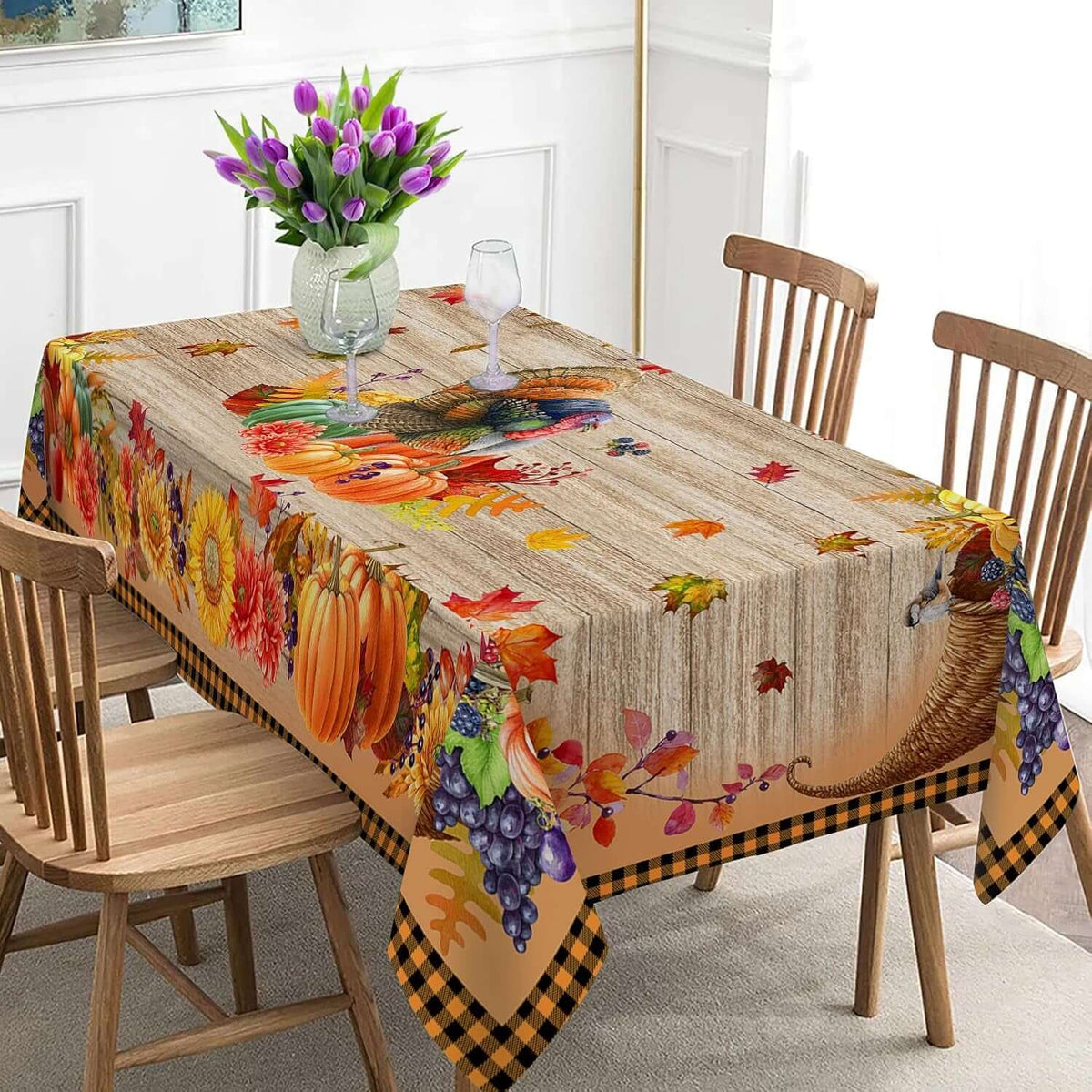 Thanksgiving Tablecloth, Thanksgiving Turkey Table Cloth Rectangle 60 X 120, Pumpkins with Fall Leaves Tablecloths Rustic Holiday Table Cover Thanksgiving Decorations for Dining Room Kitchen Outdoor