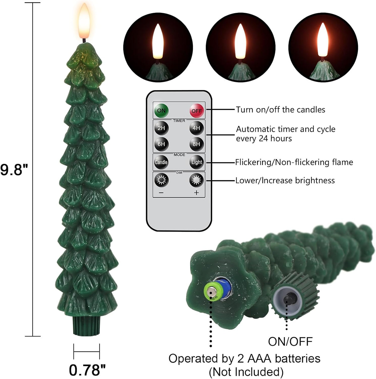 Christmas Tree Flameless Taper Candles Candlesticks Remote Timer | Green, Christmas Tree Candlesticks, Battery Operated Led Candle, Christmas Home Winter Decoration, 4 Pack, 0.78” X 9.8”