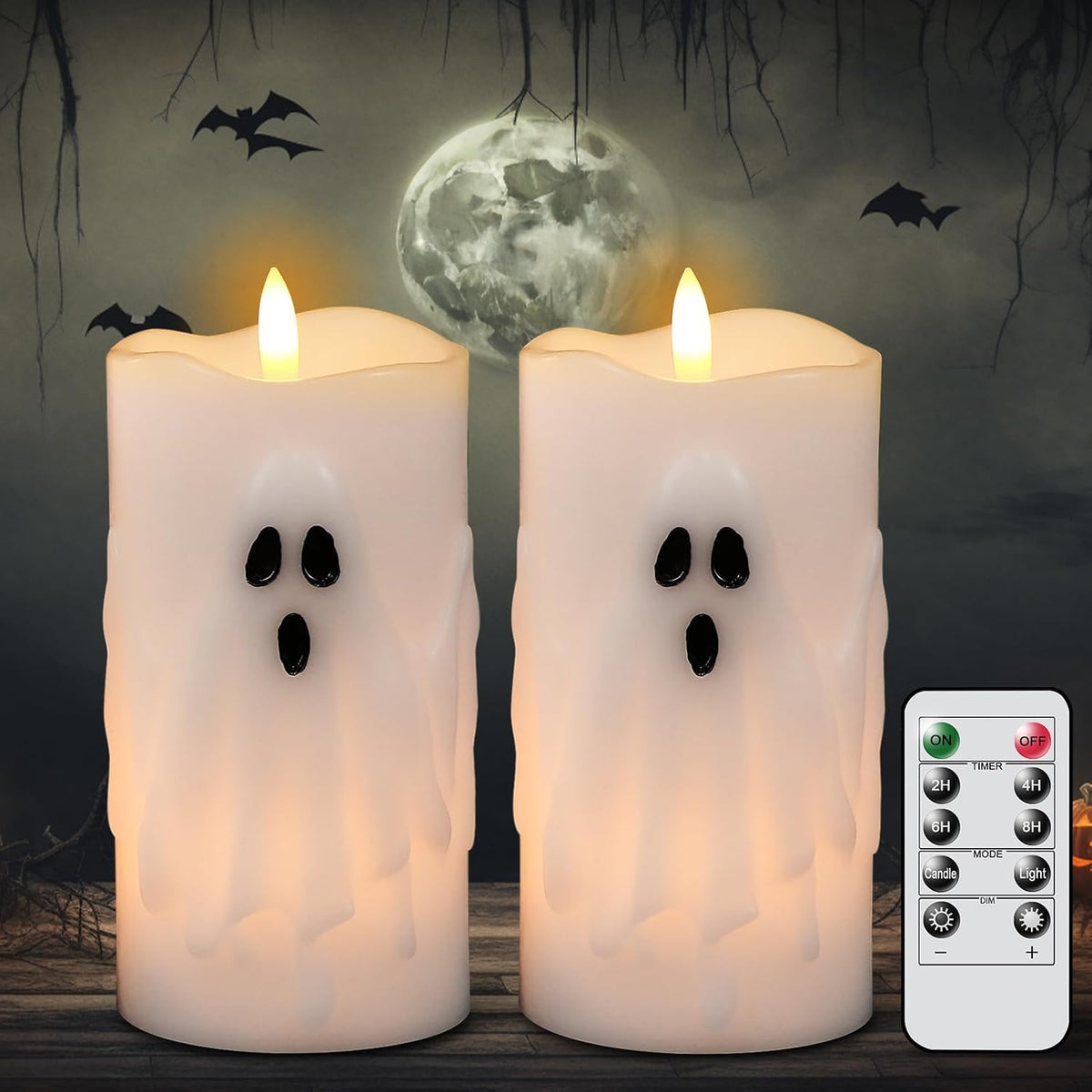 Halloween Ghost Flameless LED Pillar Candles with Remote Timer | Realistic 3D Wick Flickering, Real Wax Ghost Relief Long Lasting, Cute Spooky Halloween Indoor Decor, 3"D X 6.5"H, 2 Pack