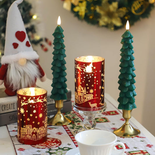 Chritsmas Flameless Candles, Battery Operated Christmas Candles, Real Wax Glass Flickering LED Candles, Tree Candlestick for Home Christmas Decor, Remote Timer