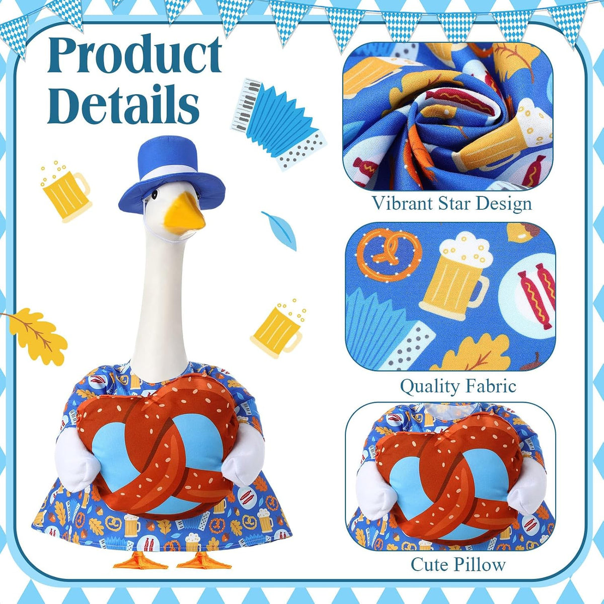 1 Set Oktoberfest Goose Outfit 23 Inch Hat Cape Pretzel,Bread | Bavarian Costume for Cement Statue, Blue Felt Hat with Ribbon, Pretzel Decor, Patterned Cape, Porch Yard Garden Outdoor