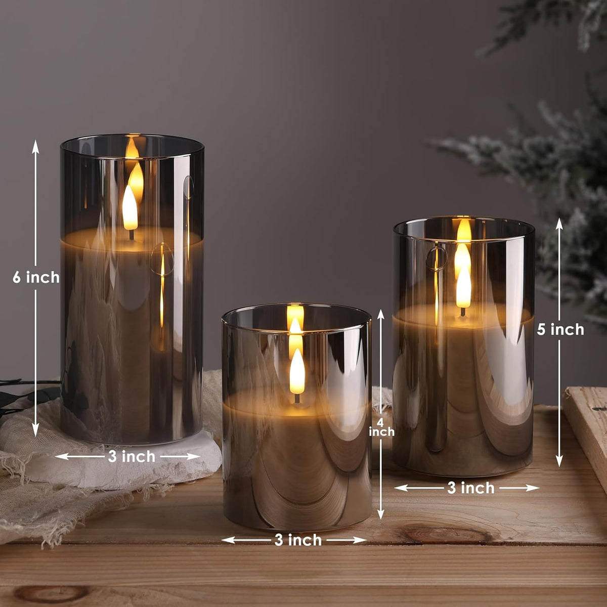 Smoke Grey Glass Flameless Pillar Candles with Remote, Flickering LED Battery Candles Table Decor Set of 3