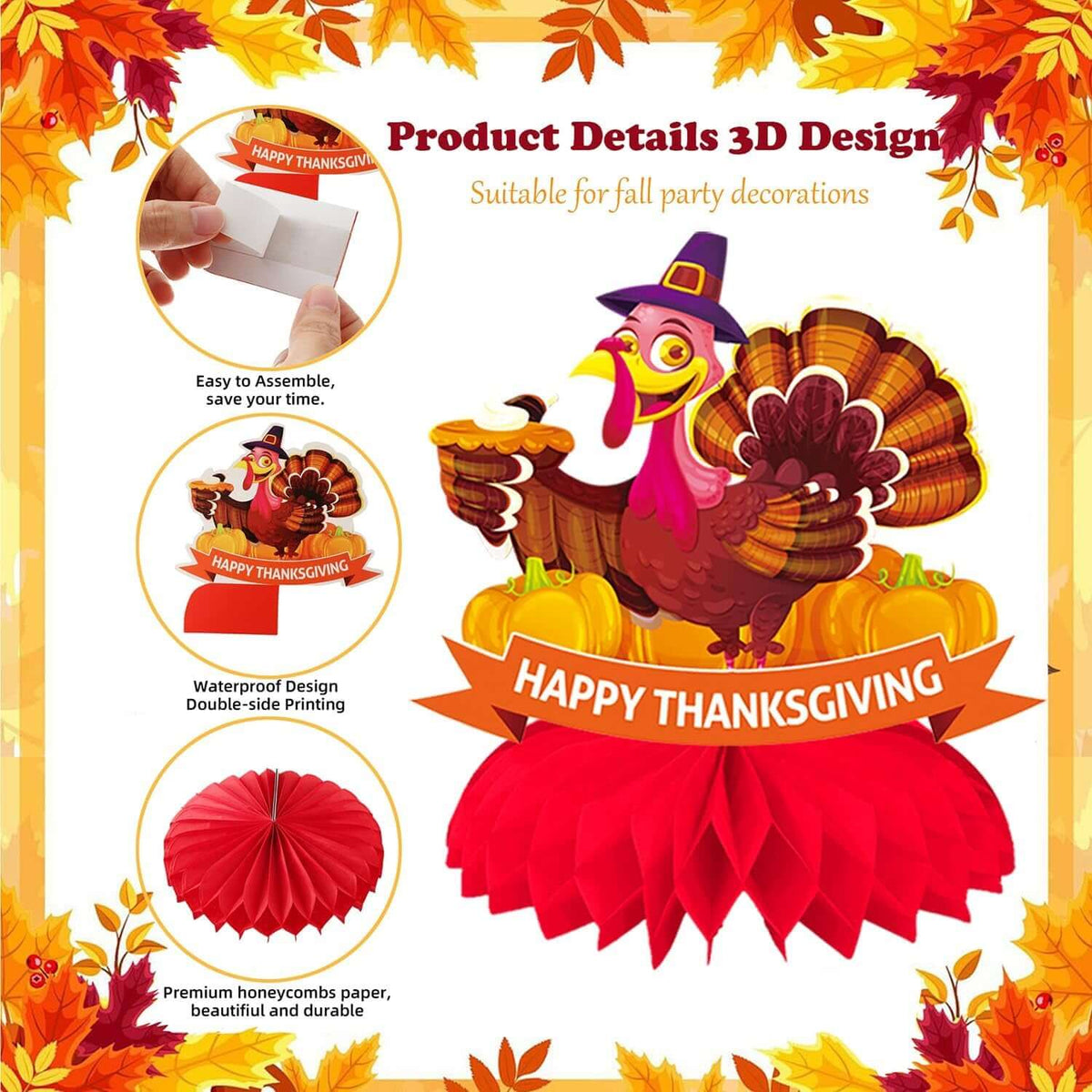 9Pcs Thanksgiving Centerpiece Fall Centerpiece Table Decorations Pumpkin Turkey Honeycomb Thanksgiving Table Centerpiece for Thanksgiving Table Decoration Autumn Theme Birthday Party Supplies
