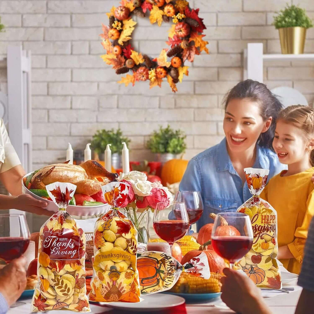 50PCS Thanksgiving Treat Bags with 60 Twist Ties – Fall Cellophane Gift Bags for Cookies, Candy, Snacks, and Party Favors – Pumpkin, Turkey & Maple Leaf Thanksgiving Goodie Bags for Kids