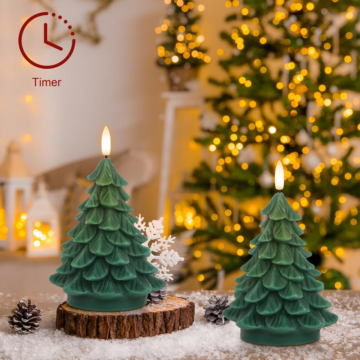 Christmas Tree Flameless Candles Battery Operated with 6H Timer | Real Wax Lifelike Leaves 3D Wick Flickering, LED Pillar Candle Long Lasting, Winter Holiday Indoor Decor, 2.76"X 5.9", 2 Pack