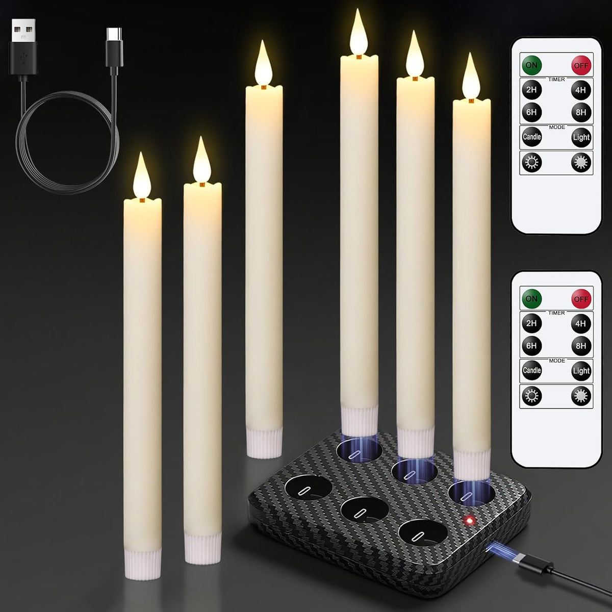 Rechargeable Flameless Taper Candles Charging Base & 2 Remote Ivory | LED Candles Battery Operated, Real Wax Rechargeable Candlesticks, Christmas Wedding Party Home Decor, 6 Pack, 0.78 X 9.8 In