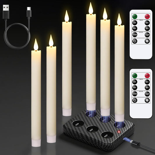 Rechargeable Flameless Taper Candles Charging Base & 2 Remote Ivory | LED Candles Battery Operated, Real Wax Rechargeable Candlesticks, Christmas Wedding Party Home Decor, 6 Pack, 0.78 X 9.8 In