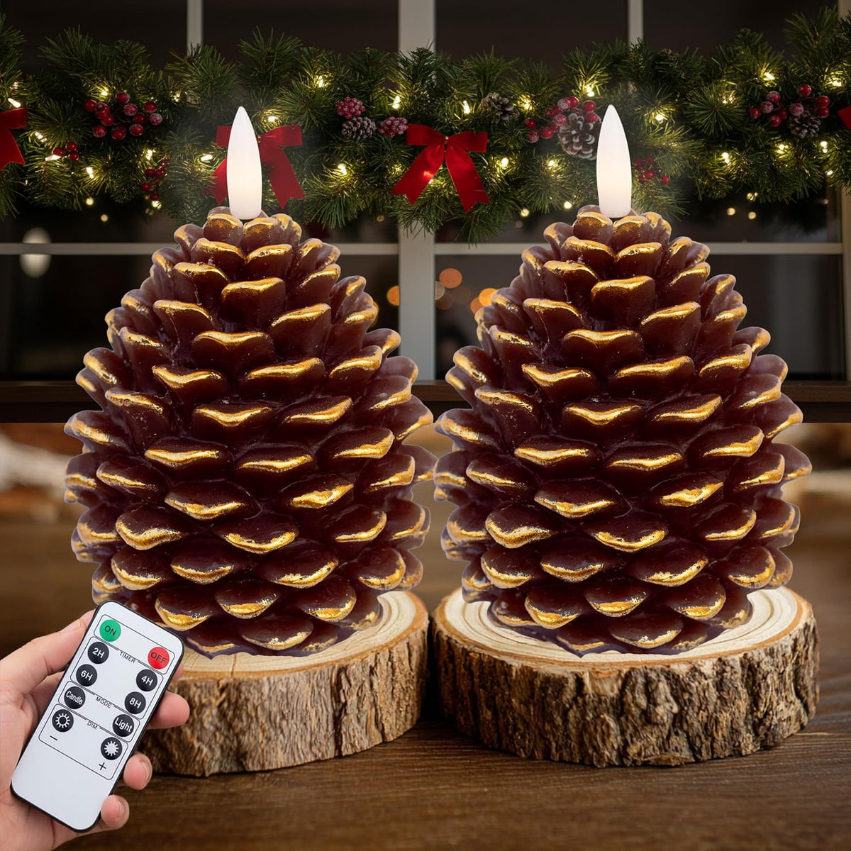 Pine Cone Candles, 2 Pack Flameless LED Wax Timer (Golden Brown) | Flameless LED Pine Cone Candles with Remote & Timer – Real Wax, Flickering Flame, Christmas & Fall Decor