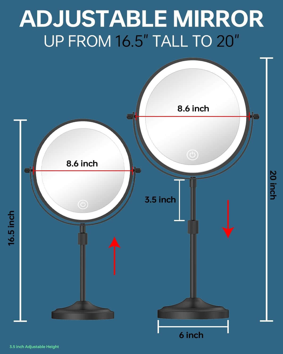 9" Tall Lighted Makeup Mirror with Lights and 1X 10X Magnification, Black | 5000Mah Rechargeable Magnifying Vanity Mirror Height Adjustable,Light Up,3 Colors,Dimmable,Cordless,Tall Telescoping Stand
