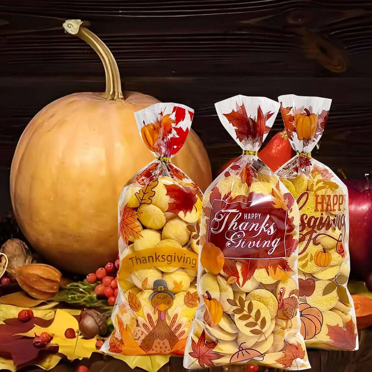 50PCS Thanksgiving Treat Bags with 60 Twist Ties – Fall Cellophane Gift Bags for Cookies, Candy, Snacks, and Party Favors – Pumpkin, Turkey & Maple Leaf Thanksgiving Goodie Bags for Kids