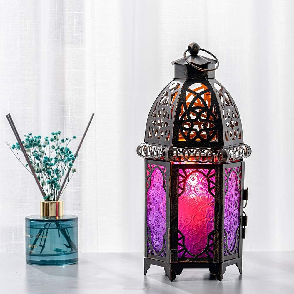 Halloween Decorations Indoor, Purple Decorative Candle Lantern for Moroccan Light Decor, 12.8’’ Vintage Metal Hanging&Tabletop Lantern, Ramadan Lantern for Home Outdoor Patio(Purple)