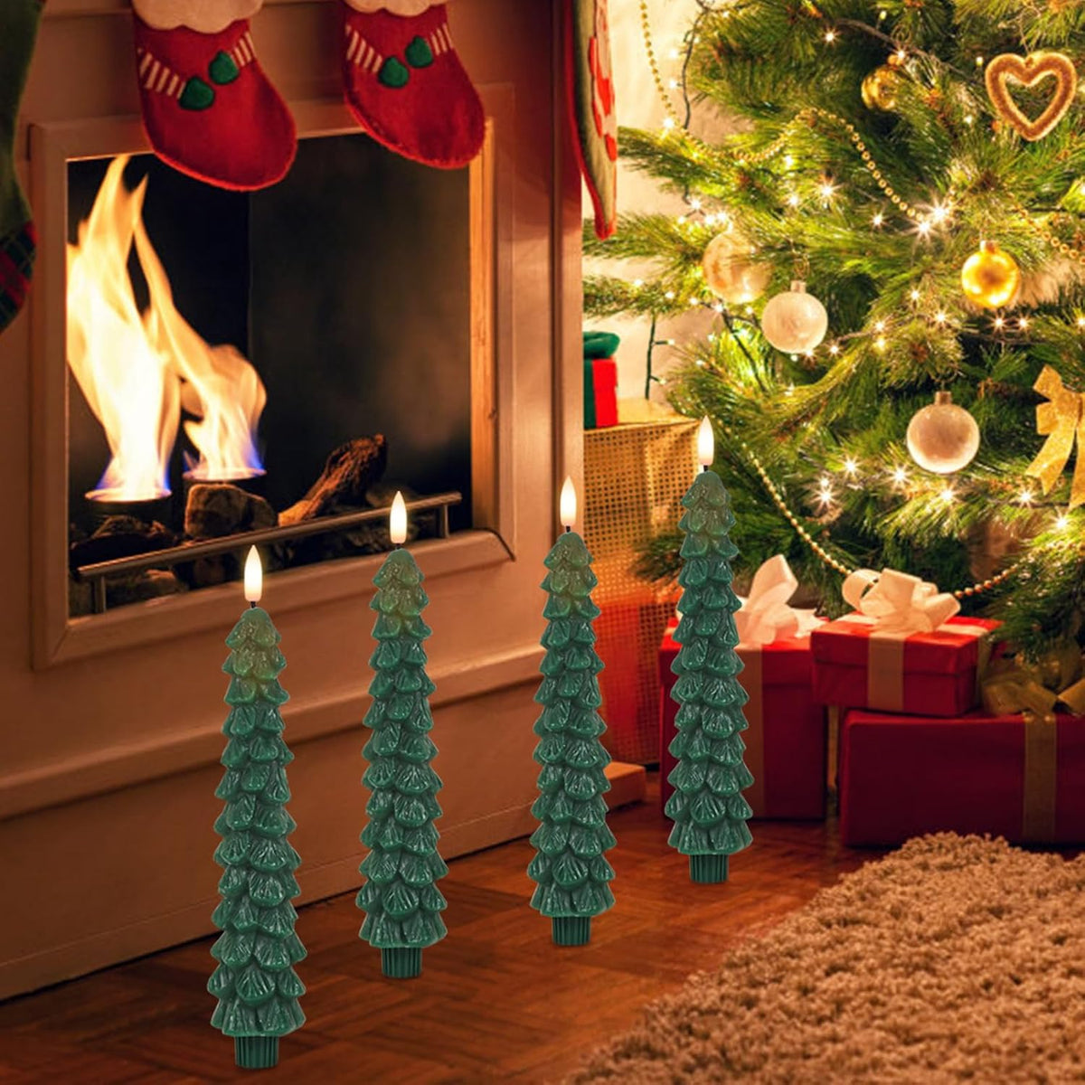 Christmas Tree Flameless Taper Candles Candlesticks Remote Timer | Green, Christmas Tree Candlesticks, Battery Operated Led Candle, Christmas Home Winter Decoration, 4 Pack, 0.78” X 9.8”
