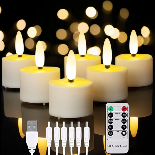 6-Pack Rechargeable Tea Lights Candles with Remote, 4H/6H Timer | Flameless Flickering Battery Operated LED Tealights, Recharge All 6 Together, for Pumpkins, Luminarias and Centerpieces