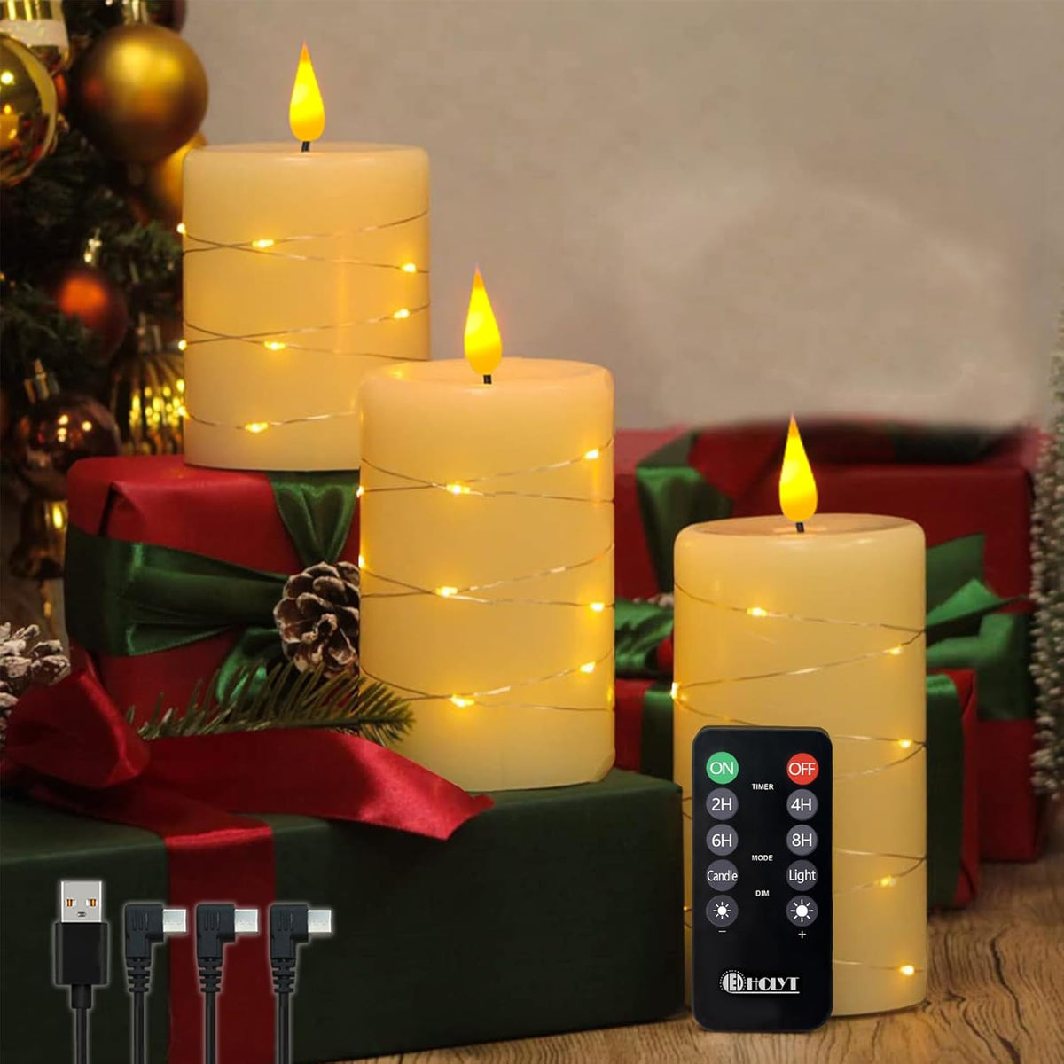 Rechargeable Flameless Candles, Embedded Star String Flickering Real Wax Flameless Candles for Romantic Ambiance and Festival Home Decoration with Remote & Timer