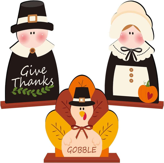 3Pcs Thanksgiving Decorations Wooden Table Centerpiece Thanksgiving Table Decorations Turkey Pilgrim Couple Table Topper for Autumn Harvest Party Home Office Tiered Tray Decor