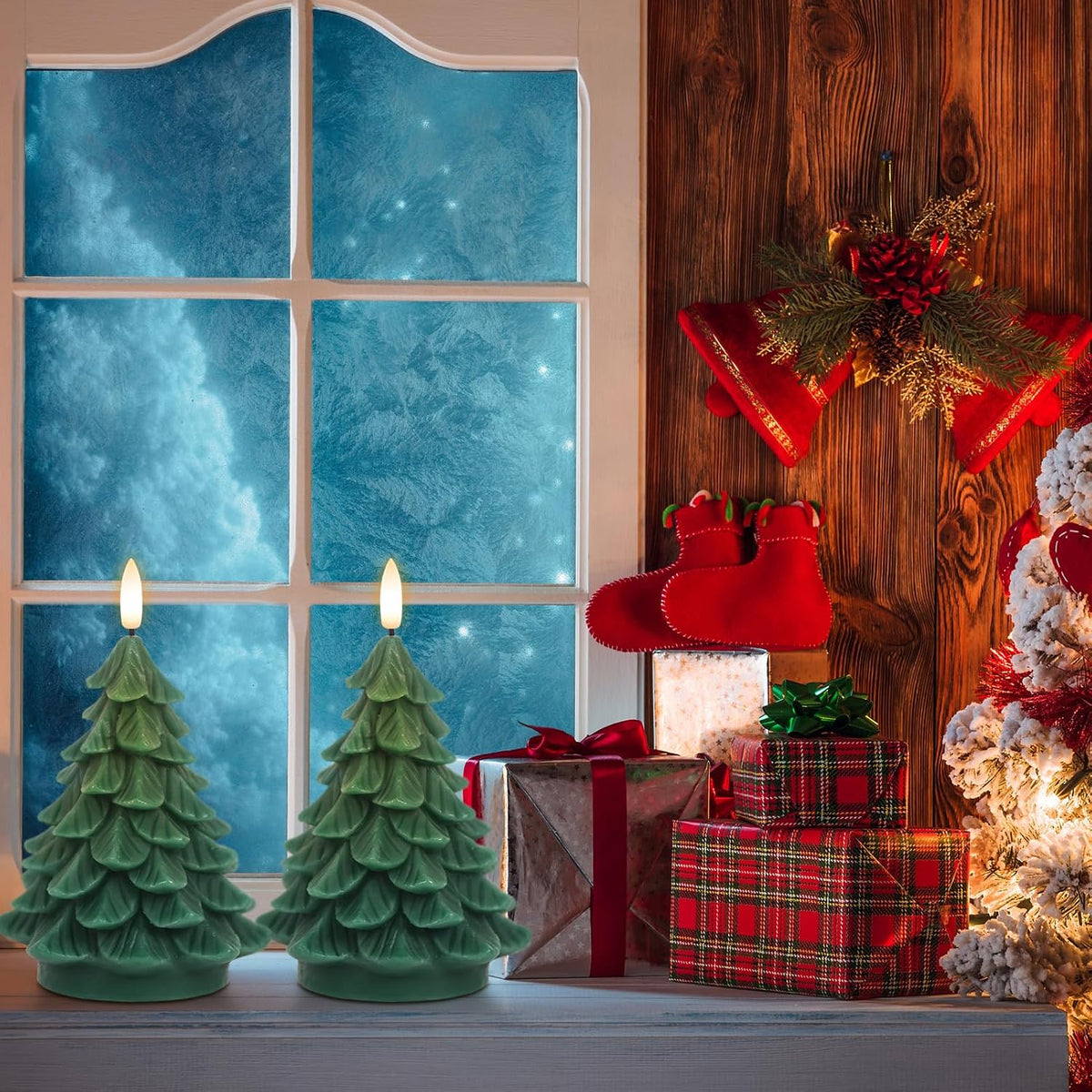 Christmas Tree Flameless Candles Battery Operated with 6H Timer | Real Wax Lifelike Leaves 3D Wick Flickering, LED Pillar Candle Long Lasting, Winter Holiday Indoor Decor, 2.76"X 5.9", 2 Pack