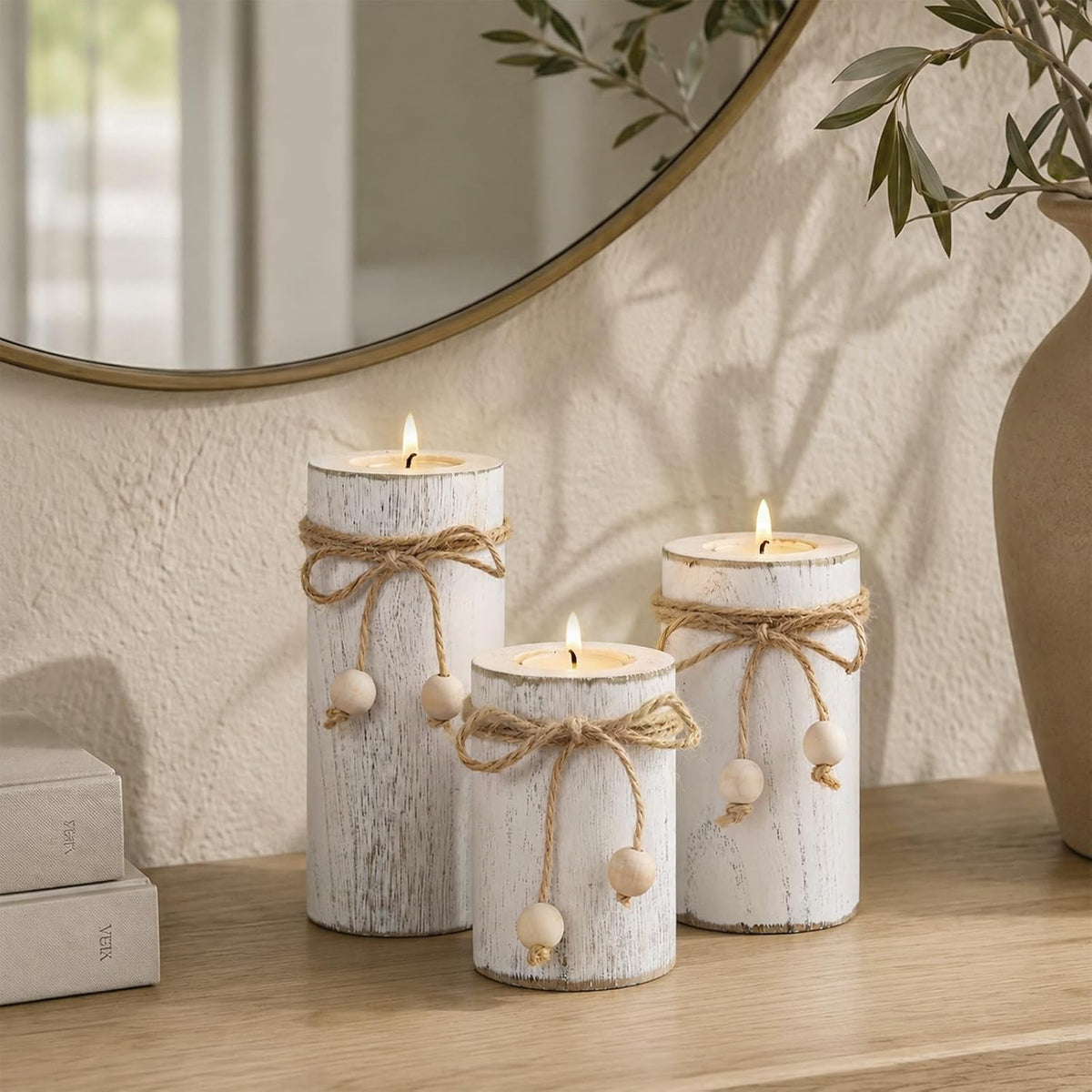 White Wooden Candle Holder with Flameless LED Candles Modern Boho Decor 3P | Farmhouse Centerpieces for Table 3-Pack with Battery Operated for Candles Holiday Party Home Decor