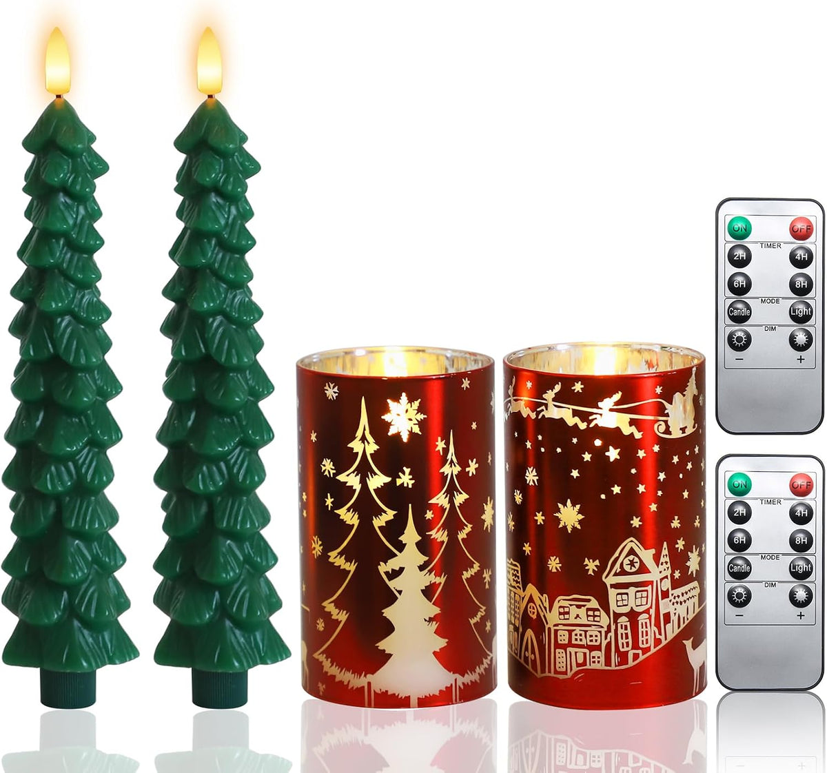 Chritsmas Flameless Candles, Battery Operated Christmas Candles, Real Wax Glass Flickering LED Candles, Tree Candlestick for Home Christmas Decor, Remote Timer