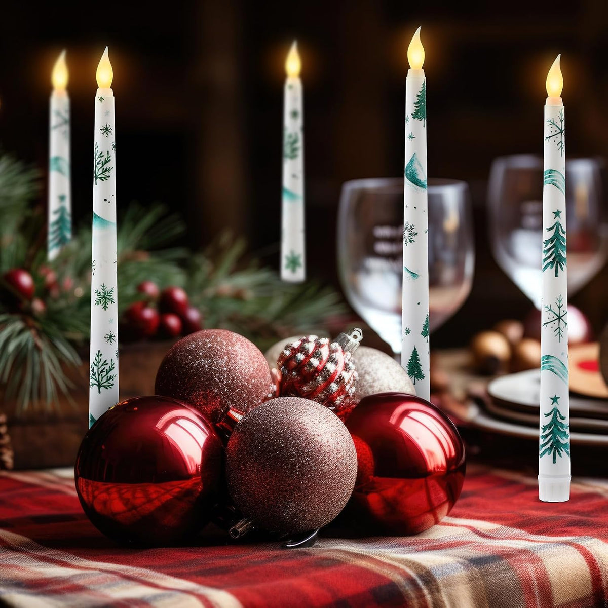 Christmas Trees Flameless Taper Candles 11 Inch Long Forest Battery Operated LED Candles Table Centerpiece for Xmas Winter Holiday Party Decoration