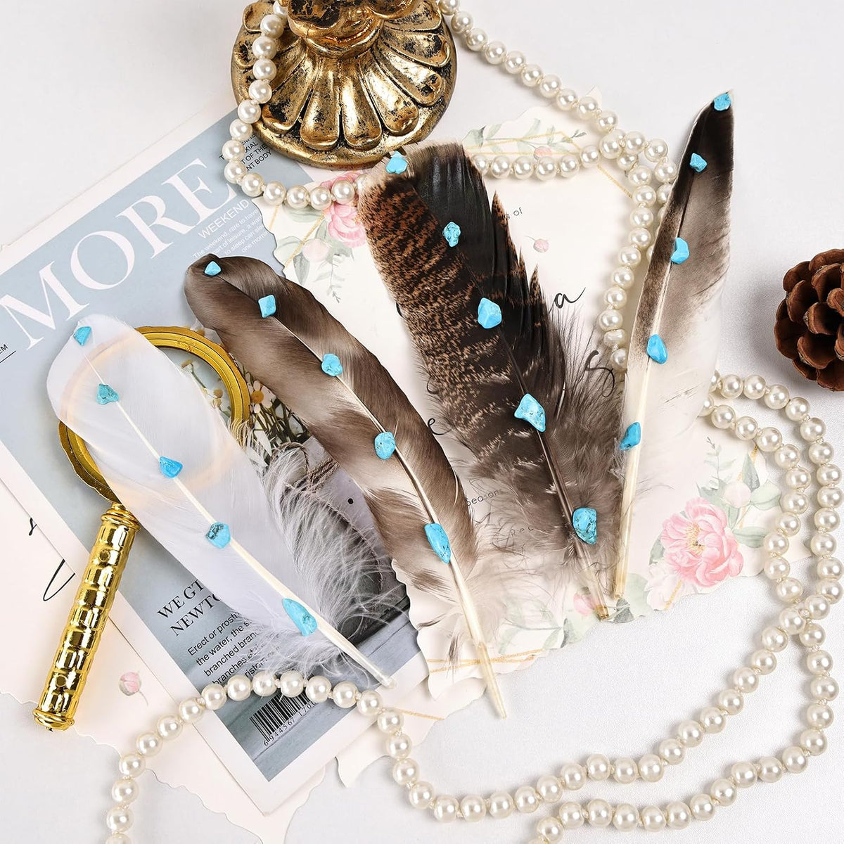 4PCS Hat Feathers Handmade Turquoise Studded Natural Feathers for DIY Craft Fedora Cowboy Oktoberfest Trilby Hats Holiday Party Accessories Decorations